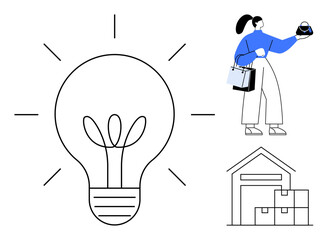 Light bulb symbolizing ideas, woman holding shopping bags and smartphone, warehouse with stacked boxes. Ideal for online shopping, innovation, logistics, digital marketing, e-commerce strategies