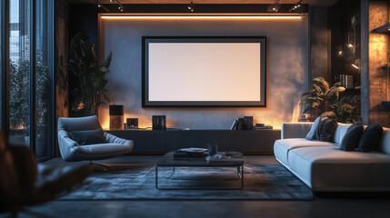 Fototapeta premium Futuristic Frame Mockup Showcased in a Modern High-Tech Living Room Featuring Cutting-Edge Furniture, Smart Lighting, and Digital Screens in the Background, Emphasizing a Sleek and Innovative Design