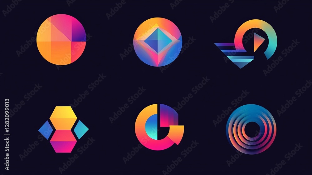 Poster a collection of abstract logos featuring geometric shapes and clean lines. each logo design is minim