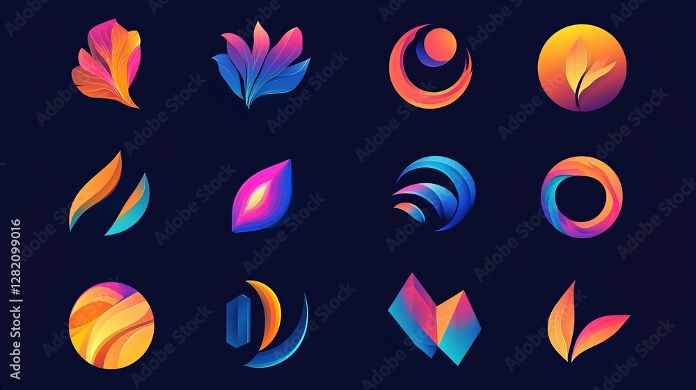 Poster a collection of abstract logos featuring geometric shapes and clean lines. each logo design is minim
