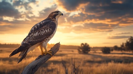 Fototapeta premium Majestic Hawk at Sunset in a Golden Grassland