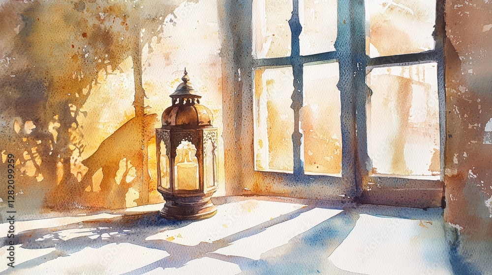 Poster soft sunlight filters through a window, illuminating a carefully designed lantern resting on the flo