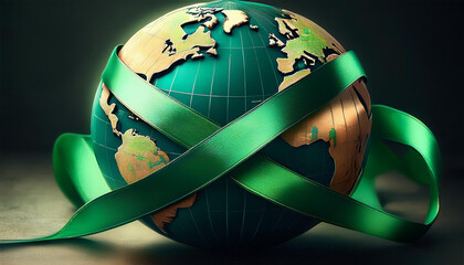 emerald green ribbon wrapped around globe symbolizing worldwide support for liver cancer