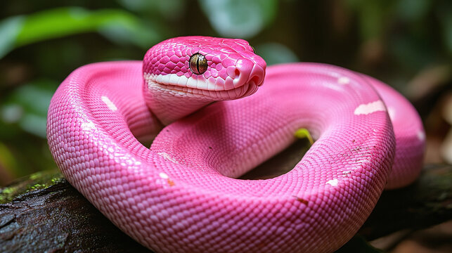 Macro shot of a pink python snake in the jungle.