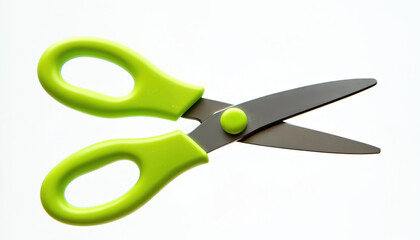 School open scissors with green plastic handle isolated on transparent PNG background. Kids safe tool for paper, craft creative work, design projects, school supplies cutting. Top view up high.