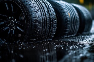 Fototapeta premium Wet tires lined up on a slick surface during a rainy day in a city environment showcasing reflection and texture
