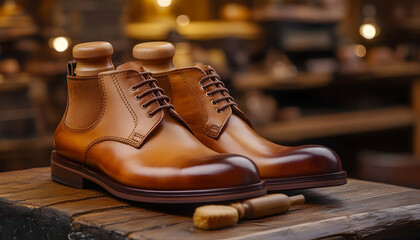 Pair of brown leather boots displayed on wooden workbench in a shoe repair shop.  Possible use Stock photo for shoe store