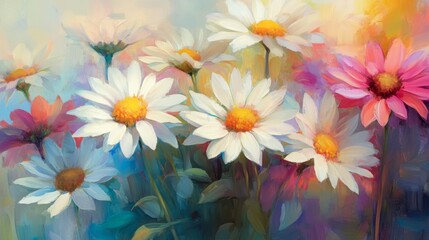 close-up of vibrant daisies with soft light, delicate and cheerful composition, textured and radiant design, dreamy and vibrant tones