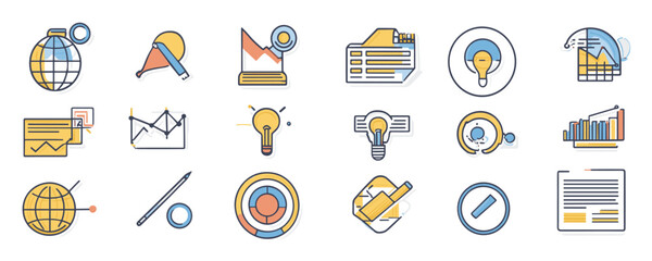 Linear flat icons set of business and data analysis symbols.