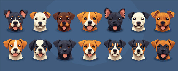 Flat style dog faces icons set - vector illustrations of cute puppy breeds.