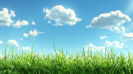 Fresh green grass extends under a vibrant blue sky adorned with fluffy white clouds, creating a serene atmosphere. The scene captures a calm, sunny day that invites outdoor activities