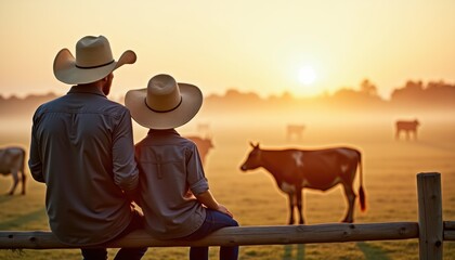  Father and son wearing straw hats sitting on a wooden fence, watching cows graze at serene farm morning with soft misty sunrise and earthy color palette with copy space