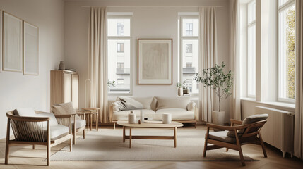 Fototapeta premium Elegant Frame Mockup Displayed in a Serene Scandinavian Living Room Featuring Light Wooden Furniture, Soft Textiles, and Minimalist Decor, Creating a Calming and Inviting Atmosphere