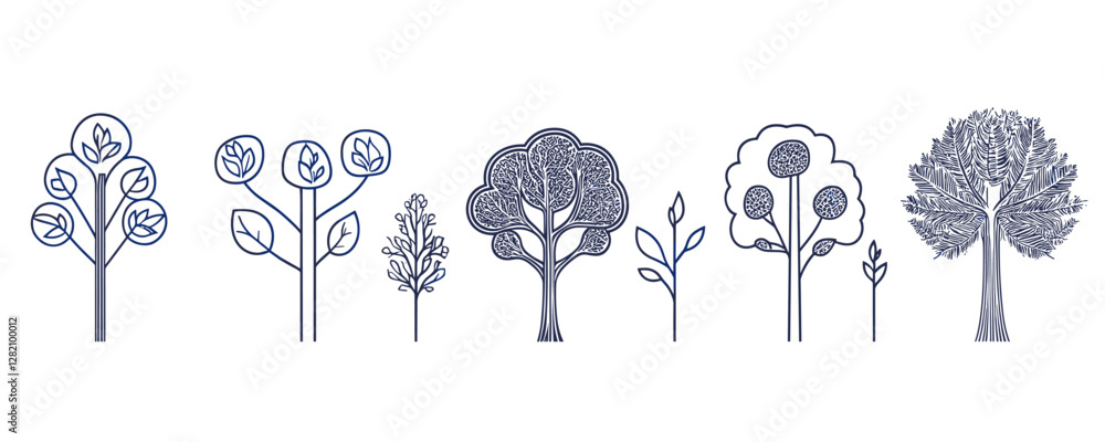 Wall mural flat style trees icons set - linear vector collection of abstract tree designs.