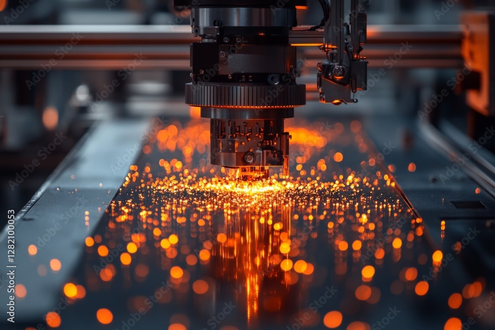 Poster precision laser cutting machine operates on metal, creating glowing sparks in a modern workshop sett