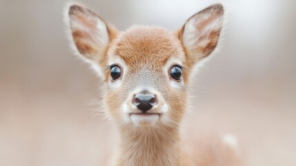Obraz premium Close-up portrait of a cute baby fawn looking directly at the camera in a soft-focus outdoor setting.