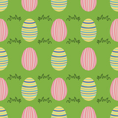 Seamless pattern with colorful Easter eggs and grass on a green background. Cute hand-drawn festive design for textiles, gift wraps, wallpapers, greeting cards, and digital projects.