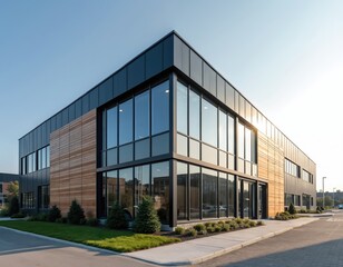 Obraz premium Wide angle of modern industrial building with stylish architecture, wooden facade, blue sky. Commercial real estate, corporate structure exterior. Day sunlight, urban city landscape, innovative