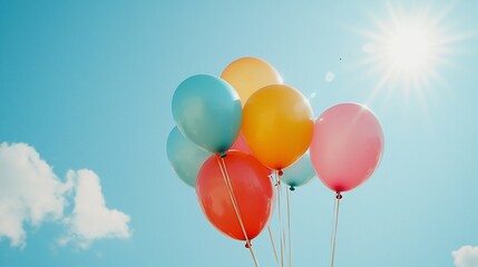 Colorful balloons floating in a bright blue sky with fluffy white clouds