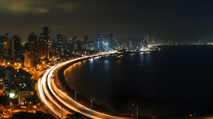 A nighttime aerial view of Mumbai's skyline, featuring a highway with bright light trails