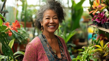 A joyful woman stands amidst an array of colorful plants, wearing a floral top and earrings, in a lush greenhouse filled with greenery and blooming flowers