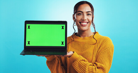 Woman, portrait and laptop with green screen in studio for presentation mockup, promo advertising...