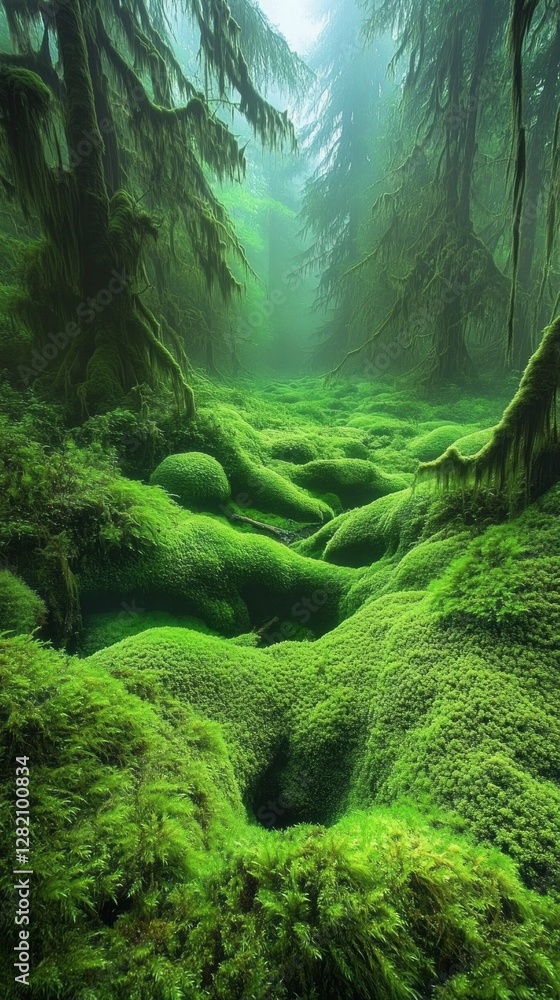 Poster moss blankets the ground, creating a vibrant green tapestry among ancient trees. a gentle mist envel