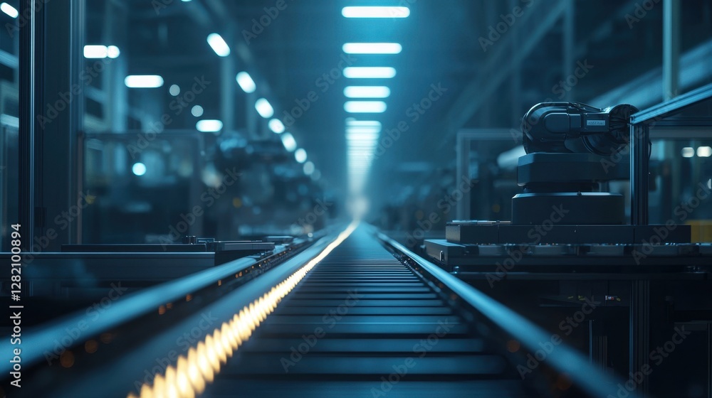 Poster a sleek conveyor system runs through a modern factory, illuminated by cool blue lights. robotic arms