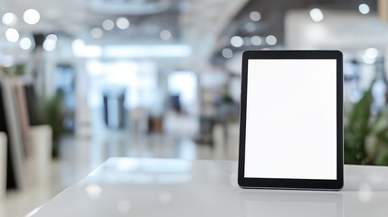 white tablet with blank white screen. Background blurred white desk fashion store.  