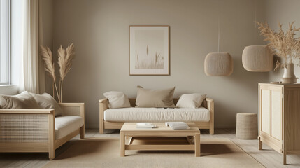 Naklejka premium Elegant Frame Mockup Displayed in a Serene Scandinavian Living Room Featuring Light Wooden Furniture, Soft Textiles, and Minimalist Decor, Creating a Calming and Inviting Atmosphere