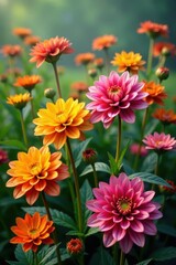 Colorful dahlia flowers amidst a patch of golden asters, wildflowers, dahlia flowers