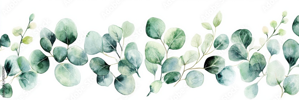 Poster Beautiful watercolor leaves in soft greens creating a delicate natural border design for textile or paper projects. Generative AI