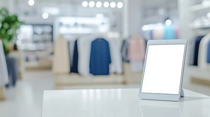 white tablet with blank white screen. Background blurred white desk fashion store.  