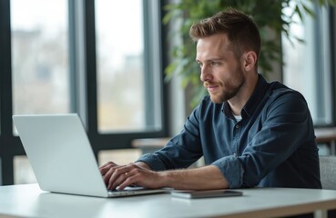 Man works at laptop in office. Businessman using computer, browsing internet. Caucasian male with beard types on keyboard. Modern workplace. Remote work at home. Side view, close-up shot.