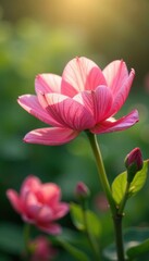 Delicate pink flower petals unfold in gentle morning light, floral arrangement, soft focus, greenery