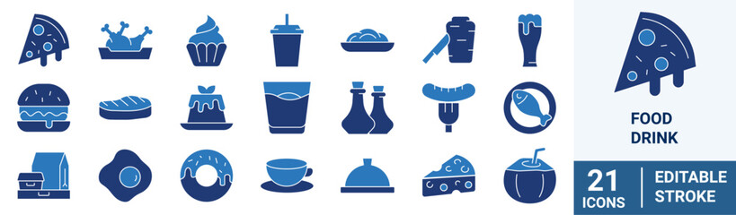Food and drinks line web icons. Restaurant, Fast food. Burger, donut, pizza, ice cream, coffee. Editable stroke.