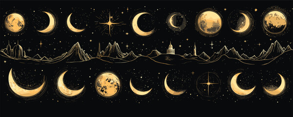Moon phases and lunar landscapes vector icons set in flat linear style.