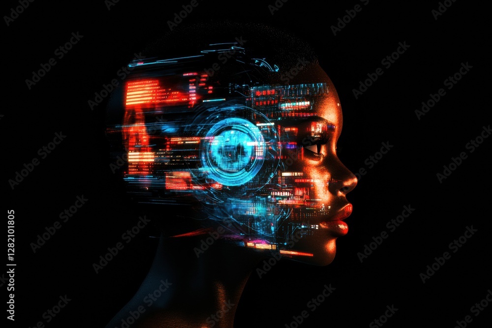 Leinwandbilder intricate cybernetic profile showcasing futuristic mechanical structures and a glowing robotic eye. 