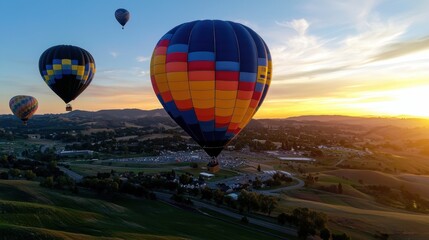 Naklejka premium Three vibrant hot air balloons float gracefully over rolling hills, with a golden sunset illuminating the sky and creating a serene backdrop for the scenic view