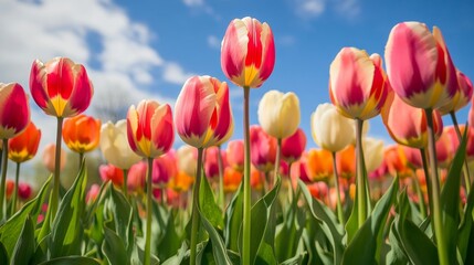 A meadow brimming with vibrant tulips in full bloom, creating a stunning and colorful scene with the flowers standing tall against a bright blue sky.