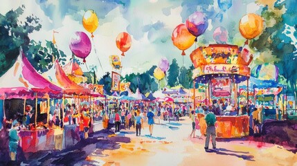 A lively festival showcases vibrant stalls selling various goods, while colorful balloons float above. Crowds gather to enjoy the festive atmosphere under a bright blue sky