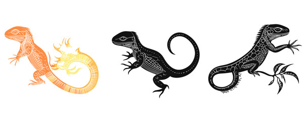 Flat linear lizard icons set with fire and jungle elements.