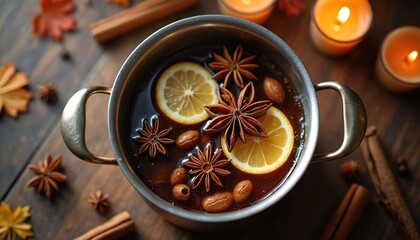 Pot filled with anise stars, cinnamon sticks, lemon slices simmers on wooden surface creating cozy fragrant atmosphere with autumn leaves and candles. Warm spice beverage preparation for aromatherapy.