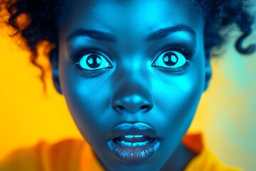 Commercial ad campaign creative. Short hairdo - curly hair. Stunning very astonished black girl - for ads, banner and online promotion banner use. Stylish black woman concept. Black model.