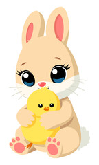 Happy Easter. Easter bunny hugging Easter chick. Vector isolated illustration