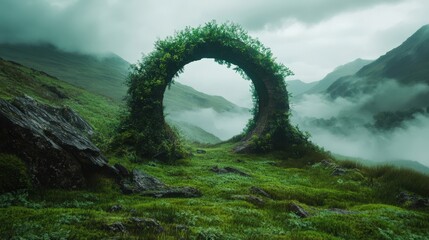 A Mystical Green Arch in a Lush Landscape Under Cloudy Skies and Fog