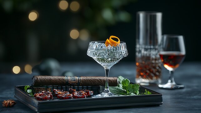 Elegant cocktail with garnish and cigar on a stylish tray, with blurred festive lights in background