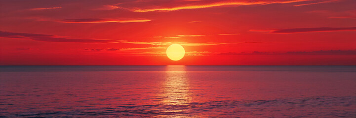 Romantic Sunset – Red Sun Over Sea, Fiery Skies, Tranquil Ocean Waves, and Dramatic Evening Light | Breathtaking Seascape, Vibrant Coastal Landscape, Serene Beach, High-Resolution Nature Photography,