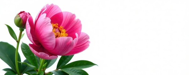 peony isolated on white background with lush foliage, blooms, petals, lush