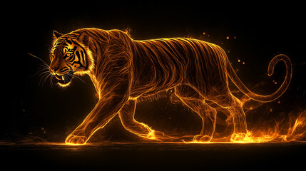 Striking Illustration of a Glowing Orange Tiger with Radiant Light Effects, Fiery Stripes, and a Mystical Aura, Symbolizing Power, Energy, and the Wild Spirit in a Fantasy-Inspired Art Style